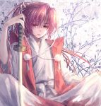  branch hair_ribbon japanese_clothes katana kieta meira petals pink_eyes pink_hair ponytail ribbon sitting solo sword touhou touhou_(pc-98) weapon 