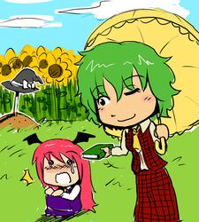  ascot bat_wings blush book chibi flower grave green_hair hat head_wings headwings kazami_yuuka koakuma long_hair parasol plaid plaid_skirt plaid_vest red_hair redhead sho_(pixiv) short_hair skirt skirt_set solid_circle_eyes sunflower tears touhou umbrella wings wink witch_hat 