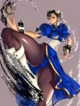  brown_eyes brown_hair bun_cover capcom chinese_clothes chun-li double_bun earrings highres jewelry kazakami_yuu legs long_legs pantyhose short_hair simuka solo street_fighter street_fighter_iv thighs 