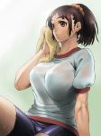  breasts brown_eyes brown_hair cozy gym_uniform highres large_breasts lipstick original ponytail short_hair solo sweat sweat_stain sweating wet wet_clothes wiping_sweat 