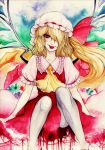  1girl :p bad_id blonde_hair flandre_scarlet hair_over_one_eye hat highres lewis long_hair red_eyes side_ponytail slit_pupils solo tongue touhou traditional_media wings 