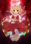  1girl ascot blonde_hair flandre_scarlet full_moon hat hat_ribbon jumping looking_at_viewer miiiiiiii moon open_mouth puffy_sleeves red_eyes red_moon ribbon shirt short_sleeves side_ponytail skirt skirt_set smile solo touhou vest wings wrist_cuffs 