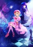  blonde_hair blue_hair bow butterfly cat_tail checkered checkered_floor chess chess_piece cross dress elbow_gloves flower frederica_bernkastel gloves hair_bow hair_ornament hairclip hat highres jewelry lambdadelta multiple_girls necklace nix_(artist) pink_eyes purple_eyes rose short_hair tail umineko_no_naku_koro_ni violet_eyes 