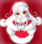  blush from_above hat jester_cap long_hair original red_eyes santa_costume santa_hat silver_hair smile solo 