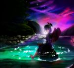  aurora_borealis barefoot blue_hair book highres maimai11 multicolored_hair red_eyes rock short_hair sitting sitting_on_rock solo star tokiko_(touhou) touhou tree water wings 