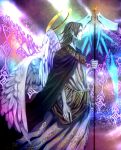  advent-lezard angel black_hair gate halo male original pale_skin robe staff wings 