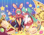  animal_ears animal_hat aqua_eyes aqua_hair bad_id bandaid boots building bunny_ears cake candy clock clone cookie cream_puff crescent food fork hat hatsune_miku jelly_bean long_hair lots_of_laugh_(vocaloid) macaron multiple_girls neruna_kake night pastry pocky rabbit_ears sitting star striped twintails vocaloid 