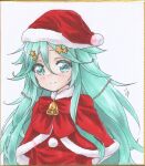  1girl bangs bell capelet christmas fur-trimmed_capelet fur-trimmed_headwear fur_trim green_eyes green_hair hair_between_eyes hair_flaps hair_ornament hairclip hat highres kantai_collection long_hair looking_at_viewer marker_(medium) neck_bell parted_bangs ponytail red_capelet red_headwear santa_costume santa_hat sidelocks smile solo star_(symbol) star_hair_ornament traditional_media yamakaze_(kancolle) yuuki_chima 