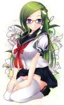  bad_hands bad_id bespectacled blue_eyes breasts floral_background flower frog glasses green_hair hair_ornament highres impossible_clothes impossible_shirt kneeling kochiya_sanae large_breasts lily_(flower) long_hair mikan_(5555) no_panties school_uniform seiza shirt sitting snake solo thigh-highs thighhighs touhou 