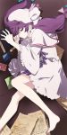  bare_legs book closed_eyes feet fetal_position hands hat highres legs patchouli_knowledge purple_hair sleeping solo tima touhou 