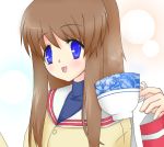  blue_eyes brown_hair clannad flat_(ko-do) long_hair miyazawa_yukine school_uniform teacup 