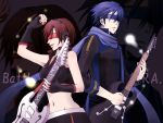  back_to_back bad_id blindfold blue_hair brown_hair guitar instrument kaito meiko midriff scarf short_hair smile vocaloid 