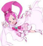  1girl cape choker cure_blossom flower_earrings flower_hair_ornament flying hair_bow hanasaki_tsubomi happy heartcatch_pretty_cure! high_heels looking_at_viewer open_mouth pink_dress pink_eyes pink_footwear pink_hair pony_tail ponytail pretty_cure ribbon simple_background solo white_background yozora 