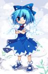  blue_eyes blue_hair blush_stickers bobby_socks bow cirno crossed_arms esythqua hair_bow mary_janes qua_(artist) shoes short_hair snowing socks solo standing touhou wings 
