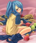  apple banana barefoot blue_hair blush bottomless food fruit inazuma_eleven kazemaru_ichirouta raglan_sleeves side_ponytail sitting solo trap wariza 