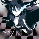 black_hair black_rock_shooter black_rock_shooter_(character) blue_eyes flat_chest from_above glowing glowing_eyes navel solo sword twintails weapon yutsuki 