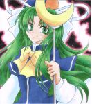  green_eyes green_hair hat hat_ribbon kazra long_hair mima ribbon shikishi staff touhou wizard_hat 