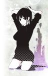  arms_up bangs bomi breasts curvy large_breasts monochrome ponytail sweater unmoving_pattern 
