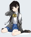  bomi cardigan fictional_persona long_hair ribbon school_uniform self-portrait sitting skirt wariza 