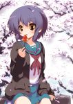  cardigan cherry_blossoms food fruit nagato_yuki orange_eyes school_uniform serafuku short_hair sora_to_umi strawberry suzumiya_haruhi_no_yuuutsu 