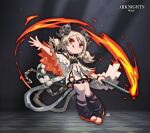  1girl arknights bangs blonde_hair closed_mouth dress fire full_body holding holding_wand horns ifrit_(arknights) lataedelan long_hair long_sleeves looking_at_viewer orange_eyes outstretched_arm sandals smile solo toeless_footwear tongue tongue_out twintails v-shaped_eyebrows wand white_dress 