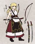  1girl alternate_costume arrow_(projectile) blonde_hair bow_(weapon) japanese_clothes katana long_hair long_skirt matara_okina no_hat no_headwear razania sheath sheathed skirt sleeveless solo sword touhou weapon yellow_eyes 