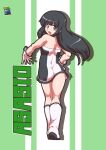  1girl artist_logo asashio_(kancolle) ass black_hair blue_eyes boots character_name dress from_behind full_body green_background hirose_tsunami kantai_collection long_hair looking_at_viewer looking_back one-hour_drawing_challenge racequeen smile solo standing strapless strapless_dress two-tone_background two-tone_dress white_dress white_footwear 