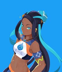  1girl black_hair blue_eyes blue_hair dark-skinned_female dark_skin earrings eyeshadow gaishi_yuu hair_bun highres jewelry long_hair looking_at_viewer makeup multicolored_hair navel necklace nessa_(pokemon) pokemon pokemon_(game) pokemon_swsh two-tone_hair 