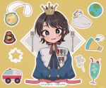  1girl ambulance bangs blue_eyes blush brown_hair cup drinking_glass fork highres hololive kingyo_(g-fish) long_sleeves looking_at_viewer oozora_subaru open_mouth short_hair smile solo stopwatch subaru_duck swept_bangs teeth upper_teeth virtual_youtuber 