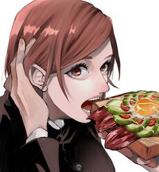  1girl adjusting_hair bread brown_eyes brown_hair eating egg food hair_behind_ear highres holding holding_food jujutsu_kaisen jujutsu_tech_uniform kugisaki_nobara looking_at_viewer meat mikkakann open_mouth school_uniform short_hair solo teeth tomato 