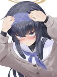  1girl bangs black_hair blue_archive blush cardigan eyebrows_visible_through_hair hairband halo jewelry looking_at_viewer necklace osanpo02 school_uniform serafuku simple_background solo sweat ui_(blue_archive) violet_eyes white_background 