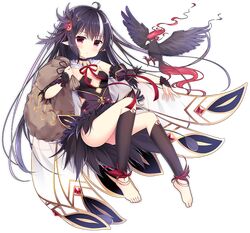  1girl anklet ark_order bangs barefoot bird black_dress black_feathers black_hair black_legwear breasts brown_bag crow detached_sleeves dress feather-trimmed_dress feather-trimmed_sleeves feather_hair_ornament feather_trim feathers frilled_cuffs full_body hair_ornament ikataruto jewelry jingwei_(ark_order) kneehighs long_hair looking_at_viewer multicolored_hair official_art pointy_ears puffy_short_sleeves puffy_sleeves red_eyes short_sleeves small_breasts solo streaked_hair tachi-e toeless_legwear transparent_background very_long_hair white_hair wrist_cuffs 