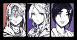  3girls absurdres bangs blindfold bloodborne closed_mouth commentary_request covered_eyes dark_souls_(series) dark_souls_iii emma_the_gentle_blade facing_viewer fire_keeper greyscale highres long_hair looking_at_viewer medium_hair monochrome multiple_girls nattapuumuu open_mouth parted_bangs partially_colored plain_doll purple_background red_background sekiro:_shadows_die_twice simple_background smile 