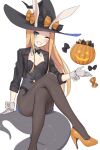  1girl abigail_williams_(fate) animal_ears arm_support bangs black_bow black_headwear black_jacket black_legwear black_leotard black_vest blonde_hair blush bow brown_bow commentary_request cropped_jacket crossed_legs fake_animal_ears fate/grand_order fate_(series) gloves grin hat hat_bow high_heels jack-o&#039;-lantern jacket kopaka_(karda_nui) leotard long_hair long_sleeves looking_at_viewer one_eye_closed open_clothes open_jacket orange_footwear pantyhose parted_bangs polka_dot polka_dot_bow rabbit_ears shoes simple_background sitting smile solo tentacles very_long_hair vest white_background white_gloves witch_hat 