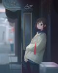  1girl against_wall artist_name blurry blurry_background brown_eyes brown_hair coat dated highres looking_at_viewer original parion red_ribbon ribbon short_hair solo standing 