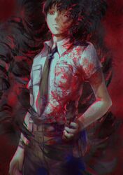  1boy absurdres ajin_(sakurai_gamon) bandaged_arm bandages black_hair black_necktie black_pants blood blood_on_clothes blood_on_face claws commentary gun hesa highres holding holding_gun holding_weapon ibm_(ajin) looking_down monster nagai_kei necktie outline pants red_background red_eyes red_outline shirt standing weapon white_shirt 