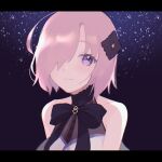  1girl bangs black_bow blush bow breasts dress fate/grand_order fate_(series) hair_ornament hair_over_one_eye large_breasts light_purple_hair looking_at_viewer mash_kyrielight meloettta short_hair smile solo under_the_same_sky violet_eyes white_dress 