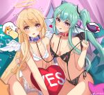  2girls absurdres ahoge alternate_hairstyle angel_wings artist_name banana black_panties blonde_hair blue_collar blush bra bra_pull c_turtle clothes_pull collar collarbone commentary curtains cushion demon_horns demon_wings eggplant excited finana_ryugu flower flying_sweatdrops food fruit green_eyes green_hair groin hair_flower hair_ornament hairband halo hamster head_fins heart heart-shaped_pupils highres horns lingerie long_hair looking_at_viewer mermaid midriff monster_girl multiple_girls nervous nijisanji nijisanji_en nipple_cutout open_mouth panties panty_lift pointy_ears pomu_rainpuff purple_curtains purple_flower red_collar red_eyes speech_bubble sweat symbol-shaped_pupils tongue tongue_out twintails underwear very_long_hair violet_eyes virtual_youtuber wavy_hair white_panties wings 