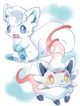  :3 :d alolan_vulpix blue_eyes blush closed_mouth commentary_request hisuian_zorua kana_(maple926) no_humans open_mouth pokemon pokemon_(creature) sitting smile standing tongue 