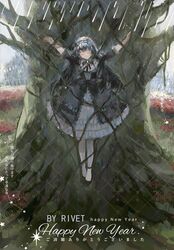  1girl bangs black_bow black_dress blunt_bangs bow closed_eyes corset dress floating frilled_dress frilled_shirt_collar frills gothic_lolita hairband highres layered_dress lolita_fashion long_hair original pantyhose puffy_short_sleeves puffy_sleeves rivet_(artist) shoes short_sleeves solo tree wire 