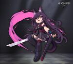  1girl :d animal_ears arknights bangs boots cat_ears cat_girl cat_tail dress fangs full_body gloves holding holding_sword holding_weapon katana lataedelan long_hair looking_at_viewer melantha_(arknights) open_mouth purple_dress purple_footwear purple_gloves purple_hair sheath sleeveless sleeveless_dress smile solo sword tail thigh-highs thigh_boots violet_eyes weapon 