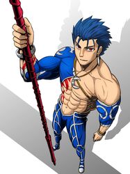  1boy abs absurdres biceps blue_hair blue_pants bodypaint bracelet bulge chest_strap closed_mouth collarbone crescent_necklace cu_chulainn_(fate) cu_chulainn_(fate/stay_night) detached_sleeves earrings fate/grand_order fate_(series) foreshortening from_above full_body gae_bolg_(fate) grin highres holding holding_polearm holding_weapon jewelry kamata_(etoileazuki) looking_at_viewer looking_up male_focus muscular muscular_male navel nipples pants pectorals polearm red_eyes short_hair simple_background skin_tight smile solo spiky_hair standing weapon white_background 