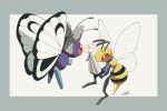  animal_focus artist_name bee beedrill blank_eyes blue_necktie border bow bug butterfly butterfree clothed_pokemon commentary_request eye_contact flower from_behind full_body grey_border grey_bow highres holding holding_flower iie_efg insect_wings looking_at_another necktie no_humans outside_border plaid plaid_bow pokemon pokemon_(creature) red_eyes signature simple_background stinger striped_necktie unmoving_pattern white_background white_flower wings 