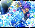  1boy :d arm_up baseball_cap bright_pupils champion_uniform commentary_request confetti dark-skinned_male dark_skin dynamax_band facial_hair floating_hair gloves happy hat hat_removed headwear_removed highres leggings leon_(pokemon) long_hair looking_at_viewer male_focus naoto_(yandereheaven) open_mouth partially_fingerless_gloves pokemon pokemon_(game) pokemon_swsh purple_hair ripples shirt short_sleeves shorts smile solo sparkle teeth tongue upper_teeth white_pupils white_shorts yellow_eyes 
