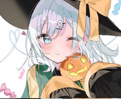  1girl :t aqua_eyes bangs black_headwear blurry blurry_background blush bow closed_mouth depth_of_field eyebrows_visible_through_hair floppy_sleeves ghost_hair_ornament hair_between_eyes halloween hat hat_bow heart heart_of_string holding jack-o&#039;-lantern komeiji_koishi looking_at_viewer one_eye_closed rotated shirt simple_background sleeves_past_fingers sleeves_past_wrists solo third-party_edit third_eye touhou white_background yellow_bow yellow_shirt yumeno_ruruka 