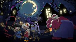  2021 2girls 3boys black_hair blue_hair blue_skin cerberus_(hades) chibi closed_eyes colored_skin cosplay costume_switch crescent_moon dog greek_clothes green_eyes hades_(game) halloween happy_halloween heterochromia highres house hypnos_(hades) jack-o&#039;-lantern joanne_tran laurel_crown megaera_(hades) megaera_(hades)_(cosplay) moon multiple_boys multiple_girls multiple_heads night night_sky nyx_(hades) official_art open_mouth pointing ponytail red_eyes skull sky sleeping smile star_(sky) starry_sky thanatos_(hades) thanatos_(hades)_(cosplay) whip white_hair yellow_eyes zagreus_(hades) zagreus_(hades)_(cosplay) 