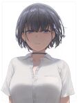  1girl absurdres black_choker black_hair blue_eyes breast_pocket breasts buttons choker collared_shirt dress_shirt earrings free_style_(yohan1754) hair_ribbon highres jewelry large_breasts looking_at_viewer original parted_lips partially_unbuttoned pocket ribbon shirt short_hair short_sleeves simple_background solo upper_body white_background white_shirt 