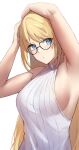  1girl absurdres alternate_costume alternate_hairstyle arm_above_head arm_over_head armpits bangs bare_shoulders blonde_hair blue_eyes blush breasts commentary dobure18 dress eyebrows_visible_through_hair glasses highres long_hair looking_at_viewer medium_breasts meme_attire nijisanji nijisanji_id ribbed_sweater sideboob simple_background sleeveless sleeveless_sweater solo sweater sweater_dress swept_bangs turtleneck turtleneck_sweater upper_body very_long_hair virgin_killer_sweater virtual_youtuber white_background white_sweater zea_cornelia 