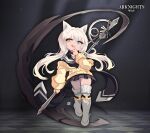  1girl animal_ears arknights bangs black_skirt blonde_hair blue_eyes boots closed_mouth heterochromia holding holding_wand index_finger_raised jacket lataedelan long_hair looking_at_viewer nightmare_(arknights) skirt smile solo thigh-highs thigh_boots tongue tongue_out wand white_footwear yellow_eyes yellow_jacket 