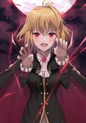  1girl :d absurdres antenna_hair arcueid_brunestud ascot bangs black_cape black_jacket blonde_hair blush cape eyebrows_visible_through_hair fang hair_between_eyes halloween highres jacket long_sleeves looking_at_viewer medium_hair moon purple_sky red_eyes shiny shiny_hair single_hair_intake skin_fang smile solo tsukihime vampire white_neckwear yuyuenimo 